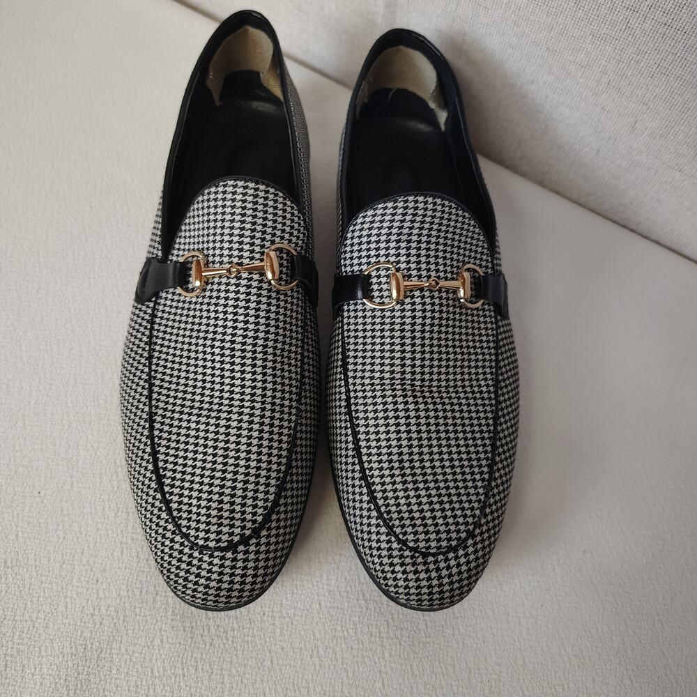Mens 11 Houndstooth Horsebit Loafers Black White Gold Bit Old Money Preppy
